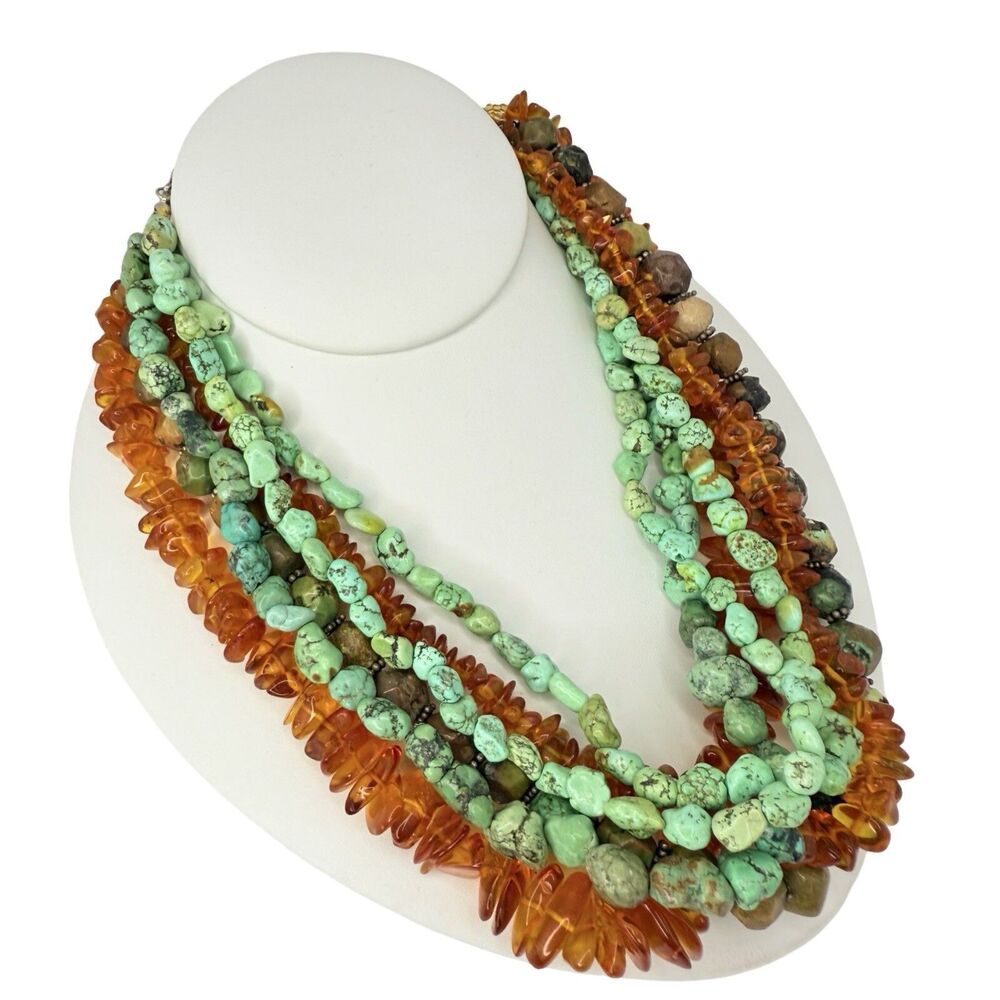 M Salazar 925 Sterling Silver Amber Turquoise Multistrand Statement Necklace 19" - Picture 3 of 16